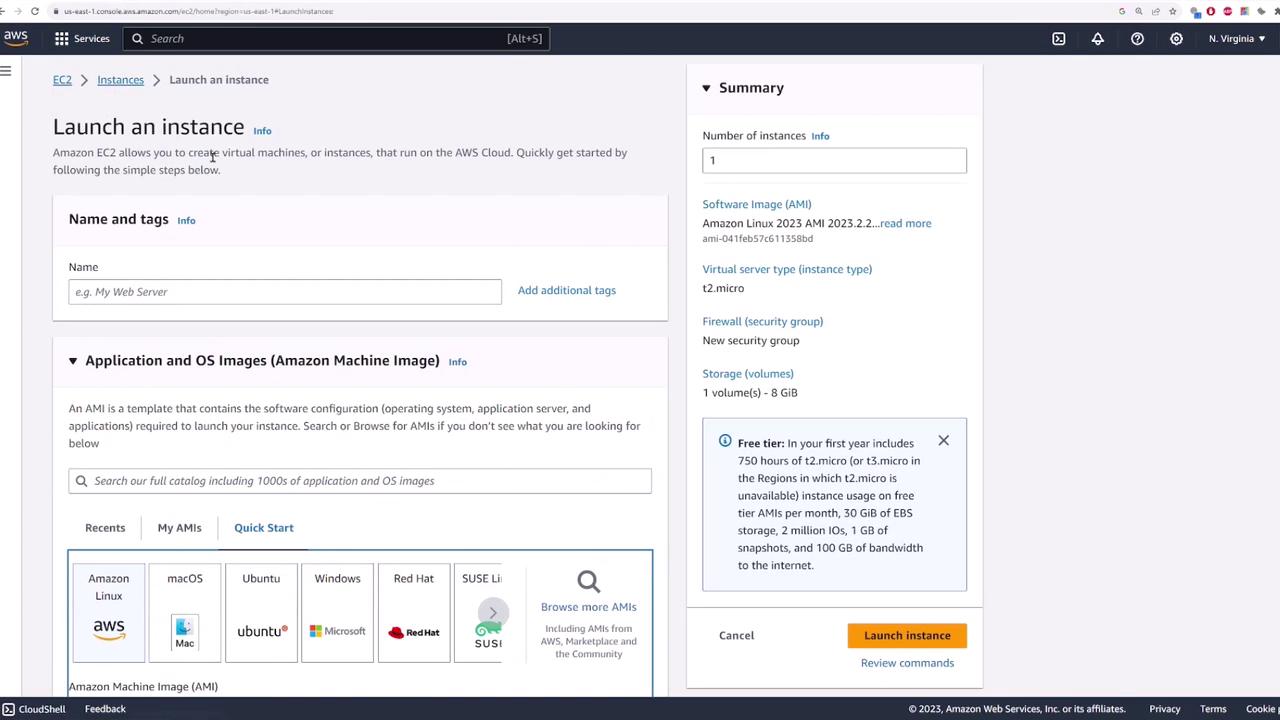 The image shows the AWS EC2 console interface for launching a new instance, with options to select the instance name, Amazon Machine Image (AMI), and instance type. The summary section on the right provides details about the selected configuration.