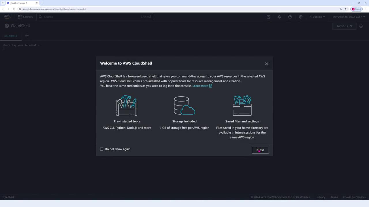 The image shows a welcome screen for AWS CloudShell, highlighting features like pre-installed tools, included storage, and saved files and settings.