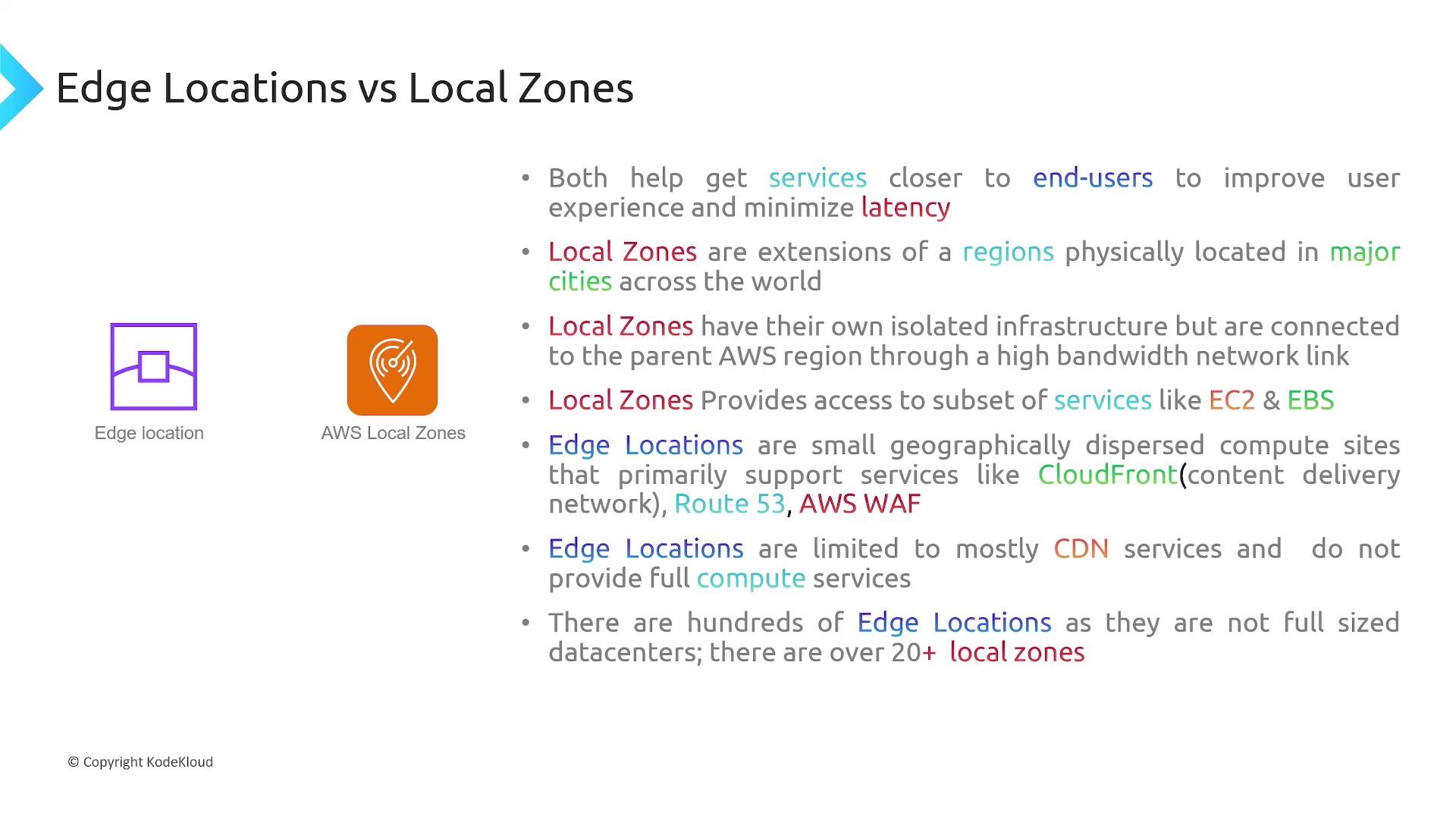 The image compares AWS Edge Locations and Local Zones, highlighting their roles in improving user experience and minimizing latency. It explains the differences in infrastructure, services, and geographical distribution between the two.