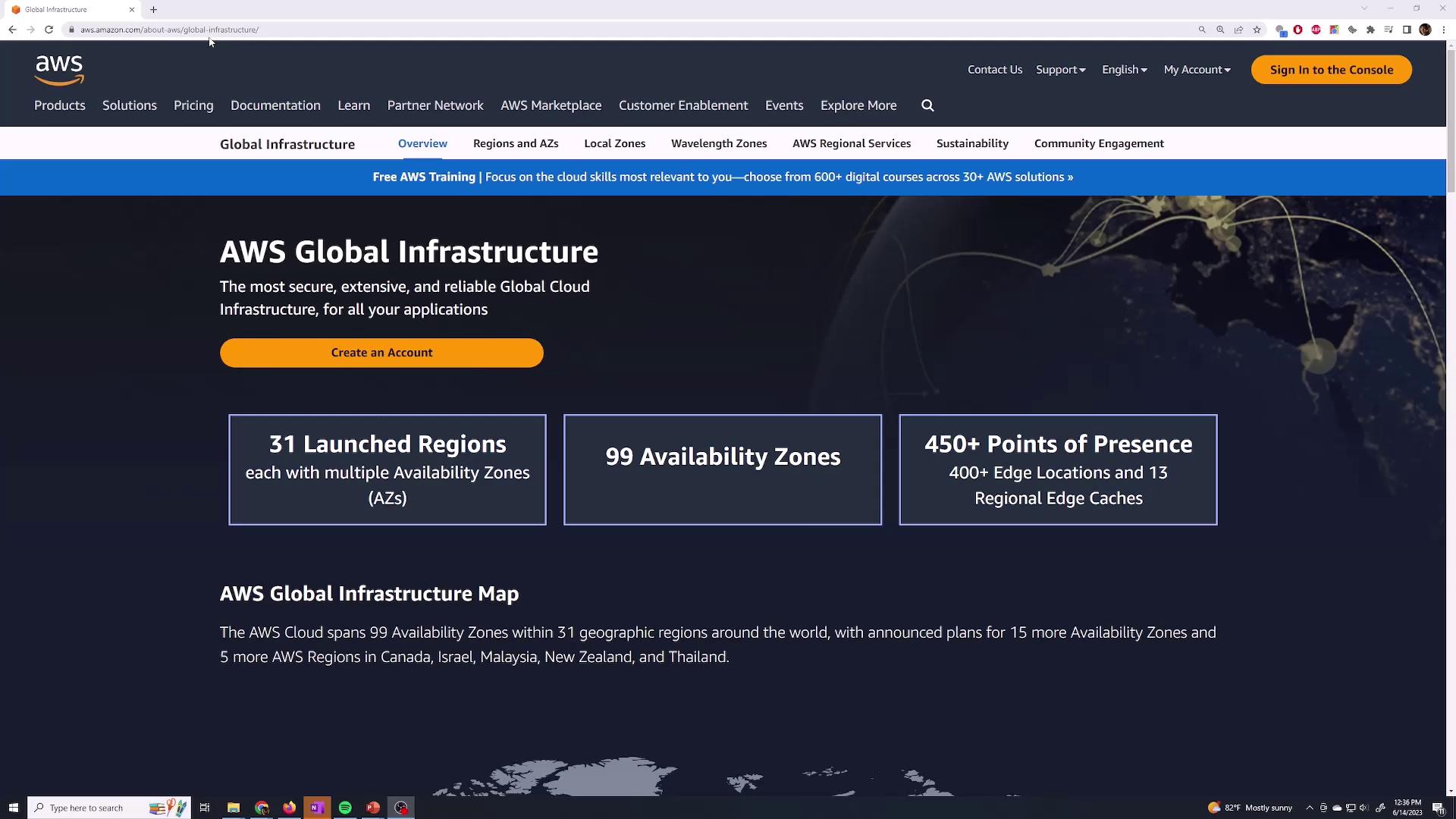 The image is a screenshot of the AWS Global Infrastructure webpage, highlighting 31 launched regions, 99 availability zones, and 450+ points of presence.