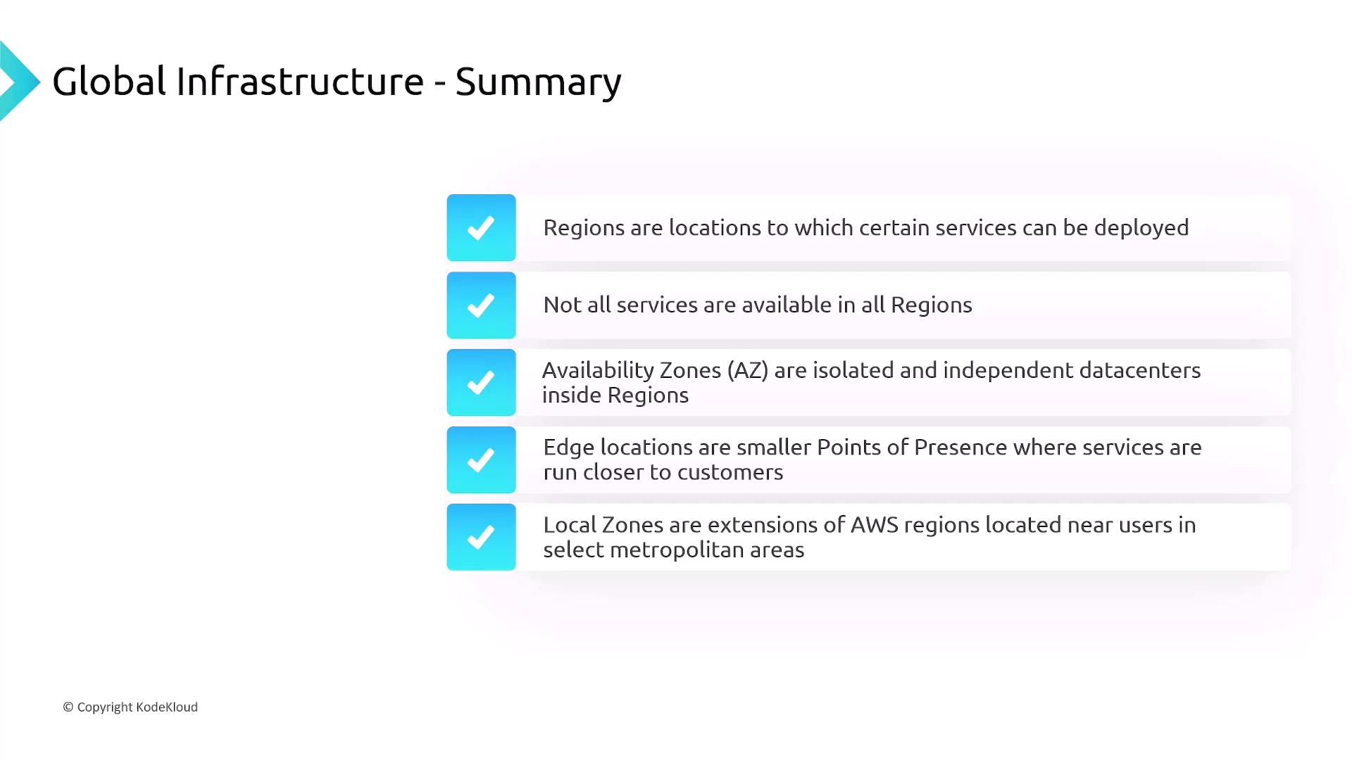 The image is a summary of global infrastructure, highlighting key points about regions, availability zones, edge locations, and local zones in a cloud service context. Each point is accompanied by a checkmark icon.