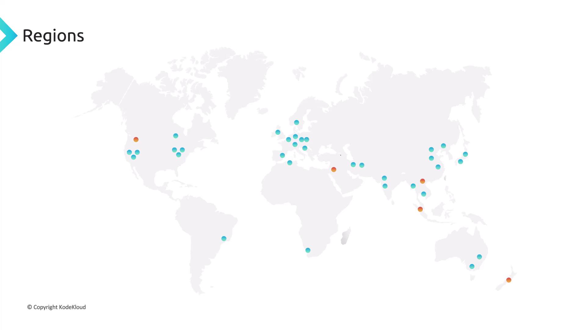 The image is a world map with various locations marked by blue and orange dots, labeled "Regions."