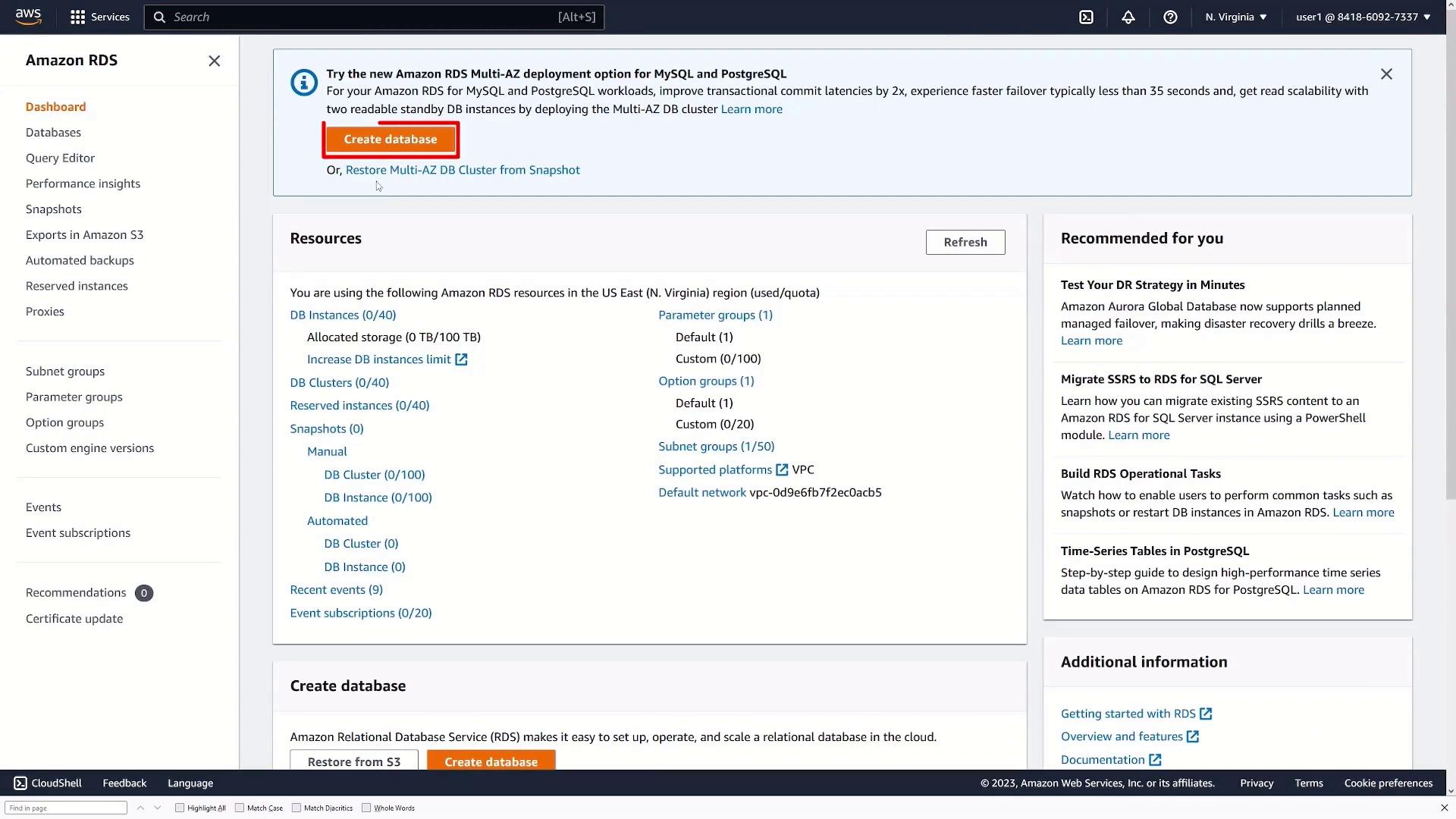 The image shows the Amazon RDS dashboard, displaying options to create a database and manage resources like DB instances and clusters. It also includes recommendations and additional information links on the right side.