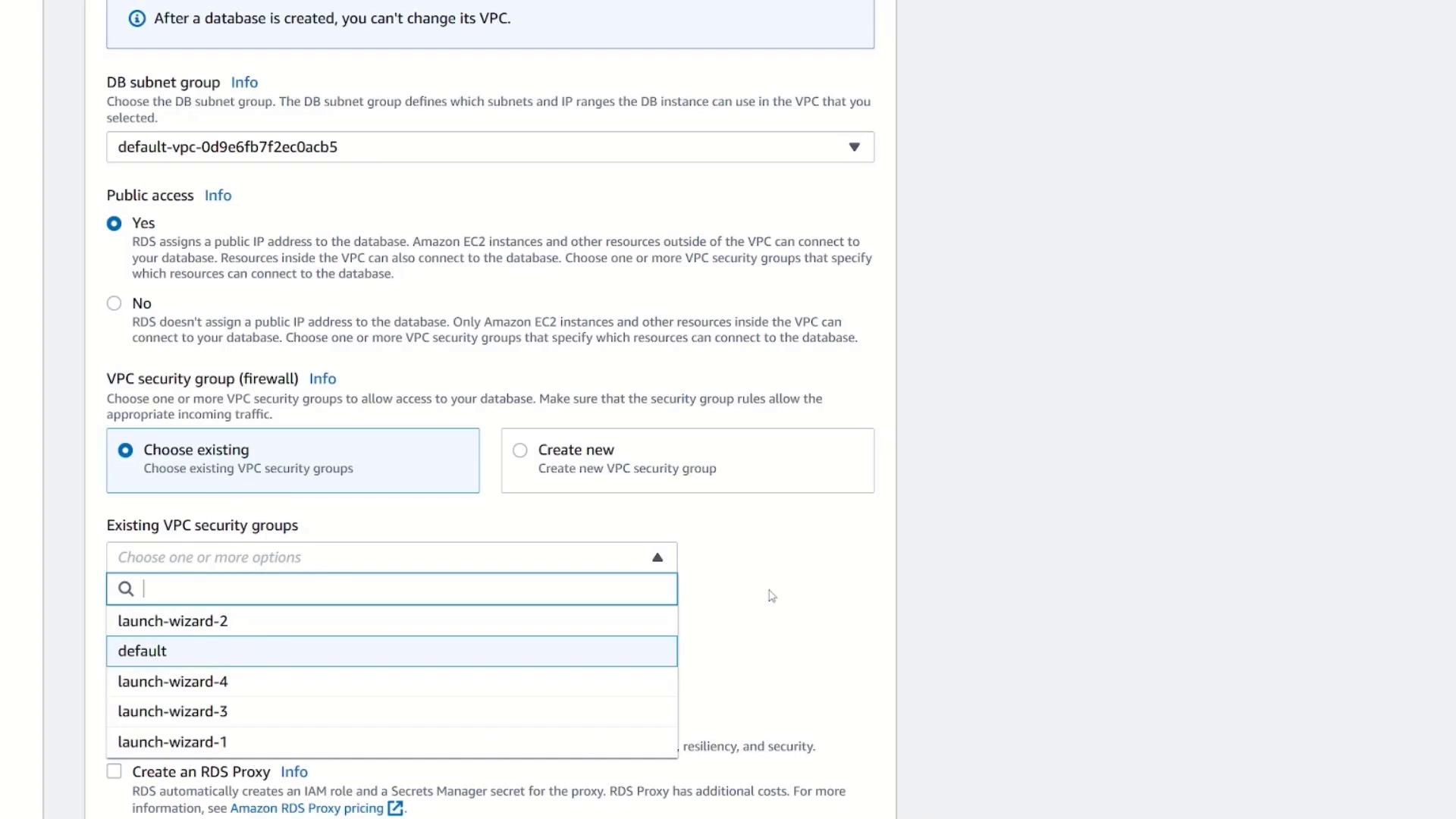 The image shows a configuration screen for setting up an Amazon RDS database, including options for DB subnet group, public access, and VPC security group selection.