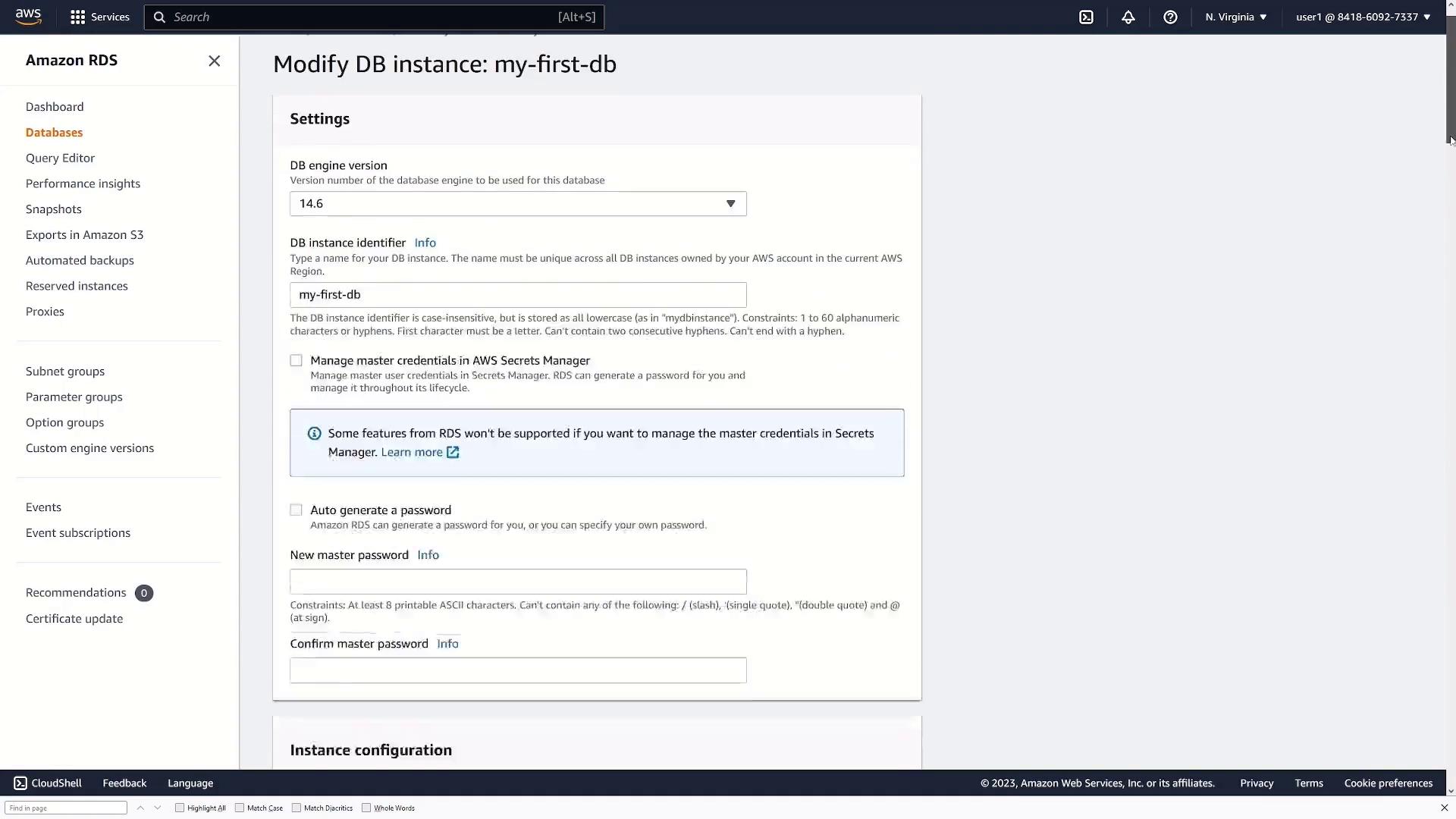 The image shows an Amazon RDS interface for modifying a database instance named "my-first-db," with settings for DB engine version, instance identifier, and password management options.