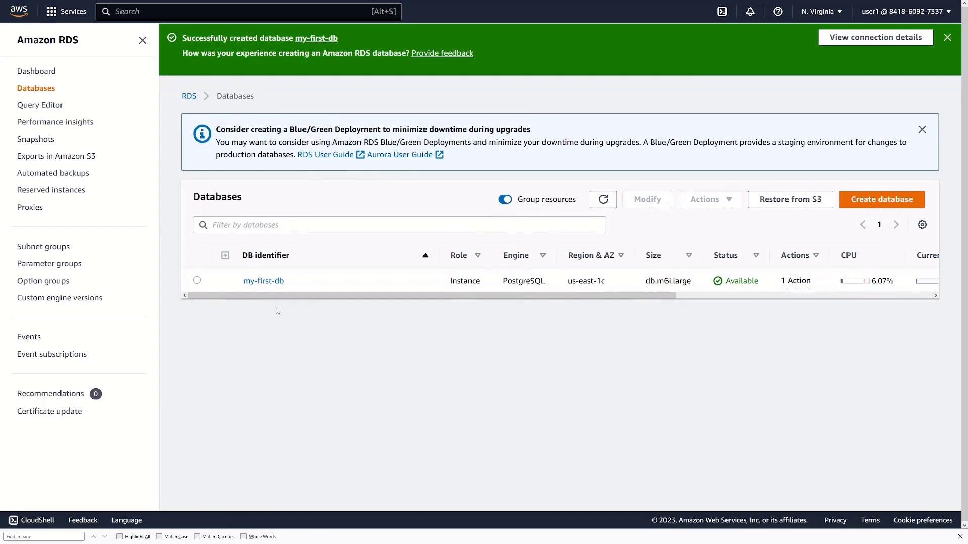 The image shows the Amazon RDS dashboard with a successfully created PostgreSQL database named "my-first-db" that is currently available.