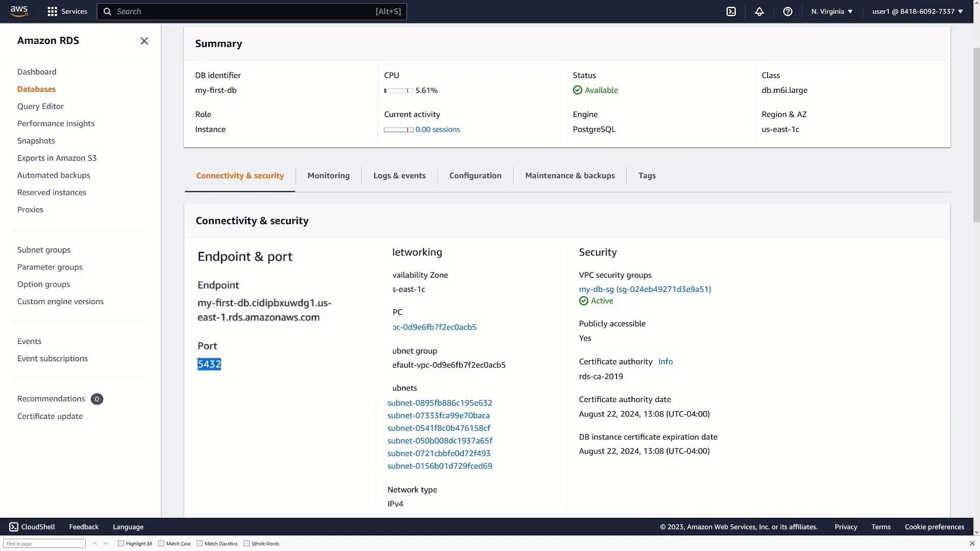 The image shows an Amazon RDS dashboard displaying details of a PostgreSQL database instance, including its endpoint, port, CPU usage, and security settings.