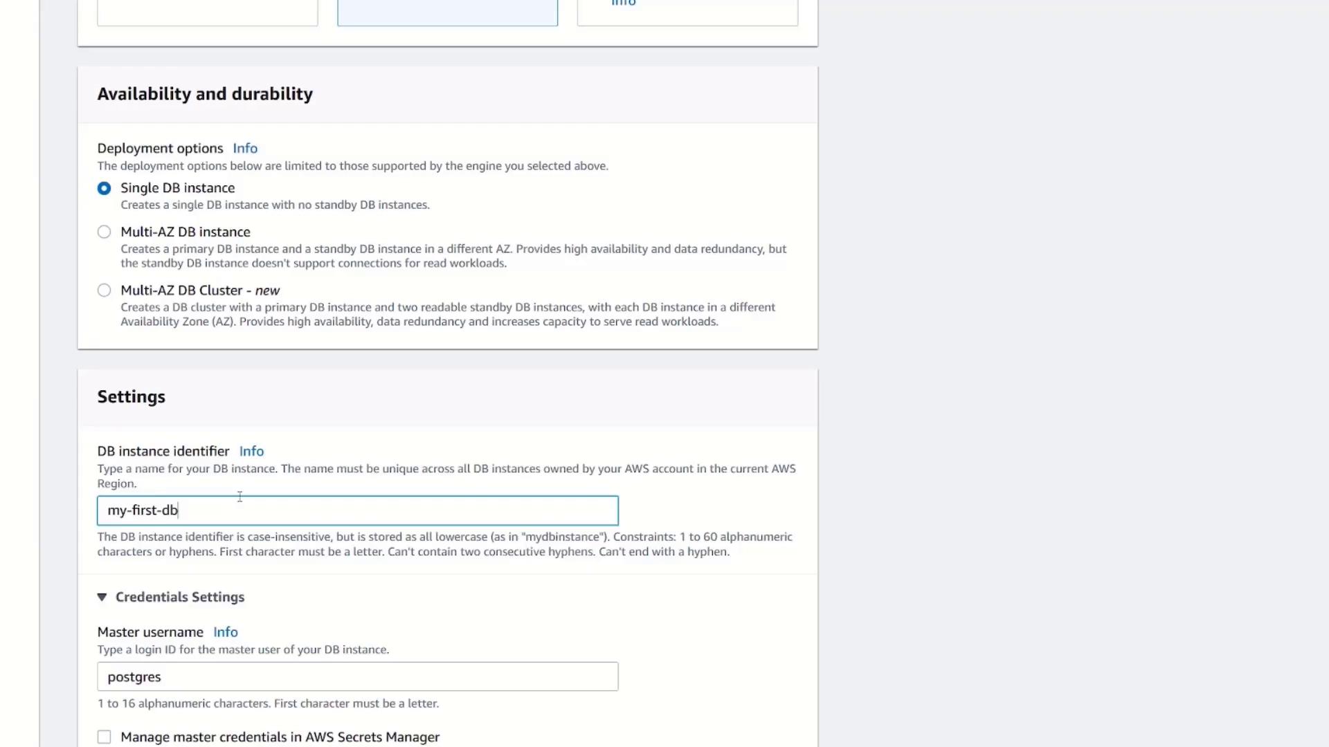The image shows a configuration screen for setting up a database instance on AWS, with options for deployment and settings like the DB instance identifier and master username.
