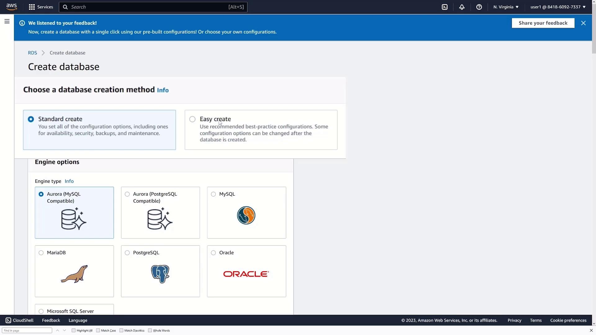 The image shows an AWS RDS interface for creating a database, offering options for standard or easy creation methods and various engine types like Aurora, MySQL, and Oracle.