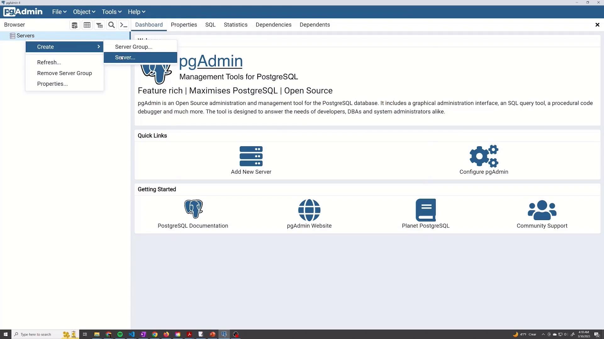 The image shows the pgAdmin interface, a management tool for PostgreSQL, with options to create a server group or server and links to documentation and support.