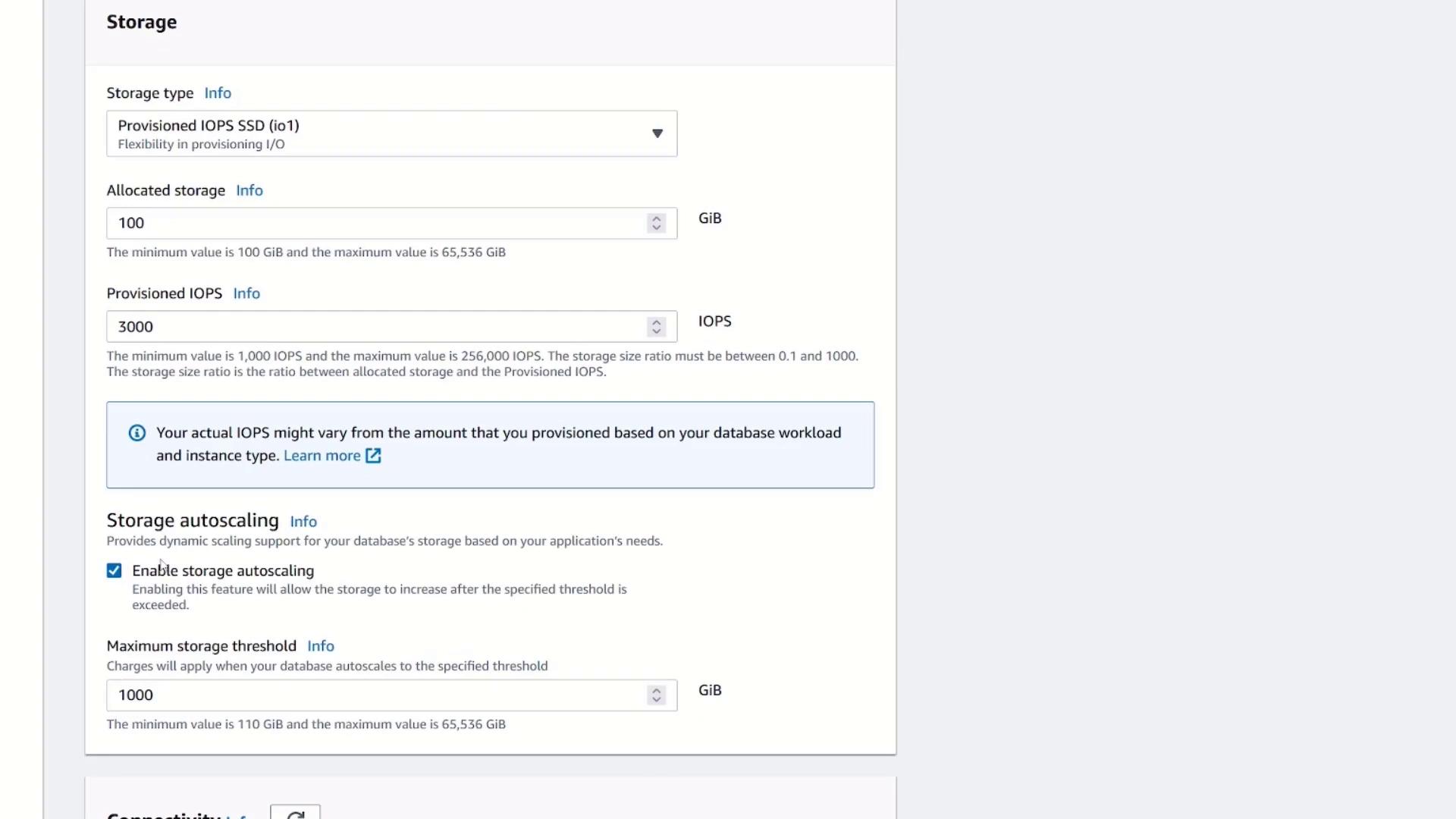 The image shows a configuration screen for storage settings, including options for storage type, allocated storage, provisioned IOPS, and storage autoscaling. It includes fields for inputting values and informational notes about the settings.