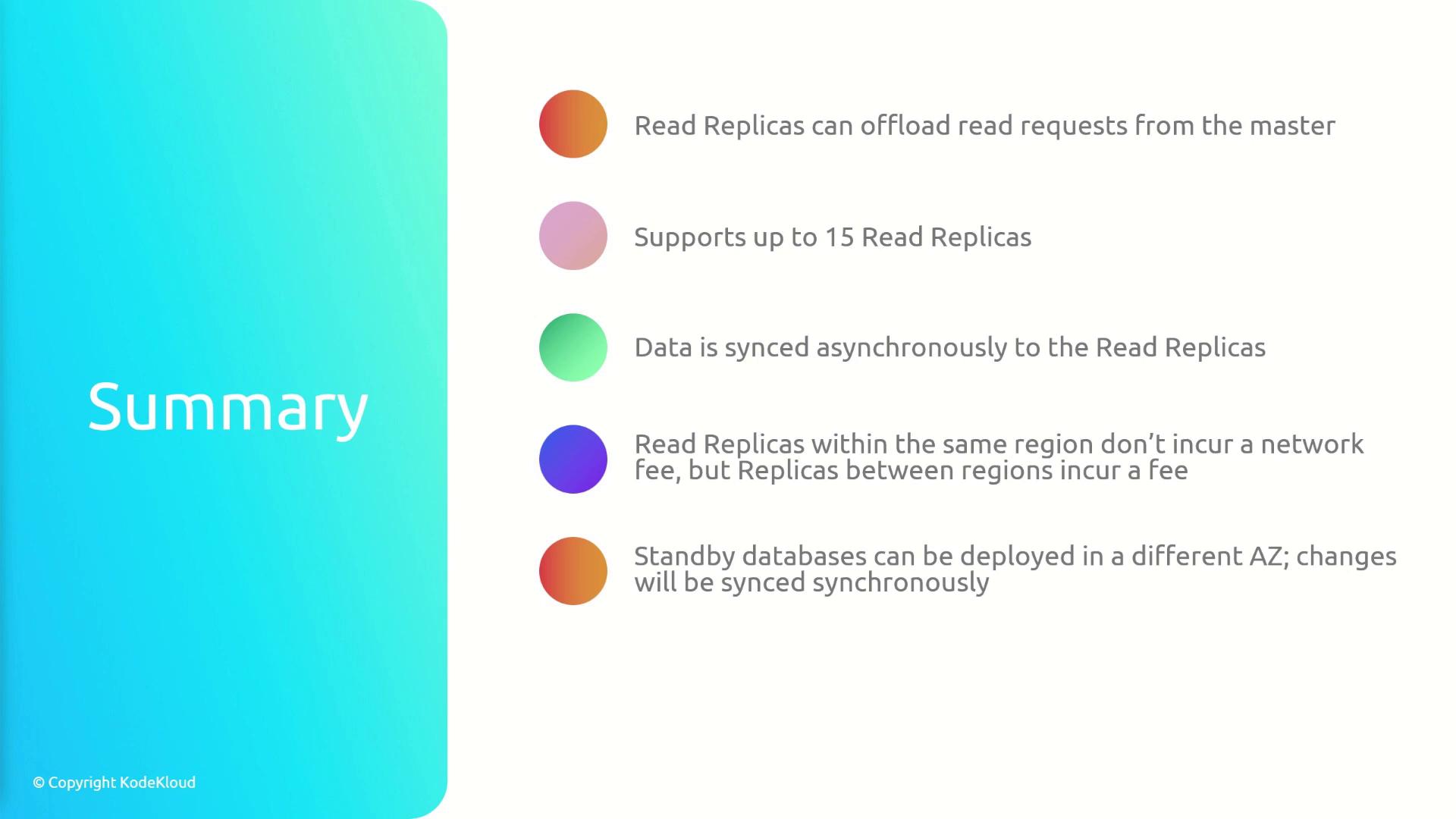 The image is a summary of key points about Read Replicas, highlighting their ability to offload read requests, support up to 15 replicas, asynchronous data syncing, regional network fee differences, and standby database deployment.