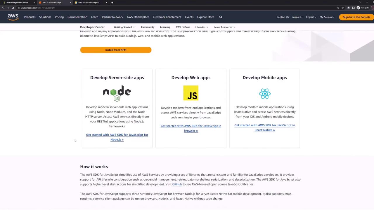 The image shows a webpage from AWS, detailing options for developing server-side, web, and mobile apps using Node.js, JavaScript, and React Native, with links to get started using AWS SDK for JavaScript.
