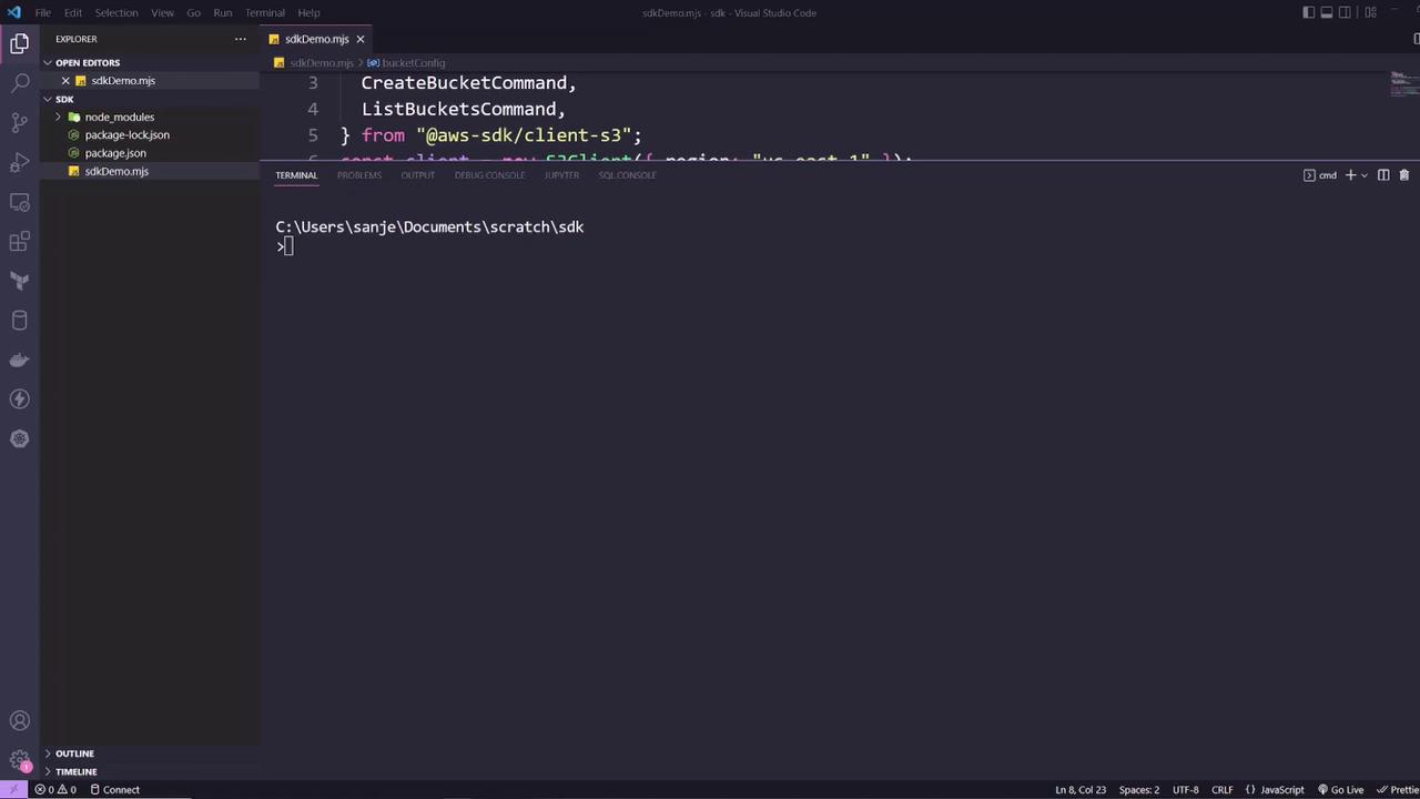 The image shows a Visual Studio Code interface with a JavaScript file open, displaying code related to AWS SDK commands, and a terminal window at the bottom.