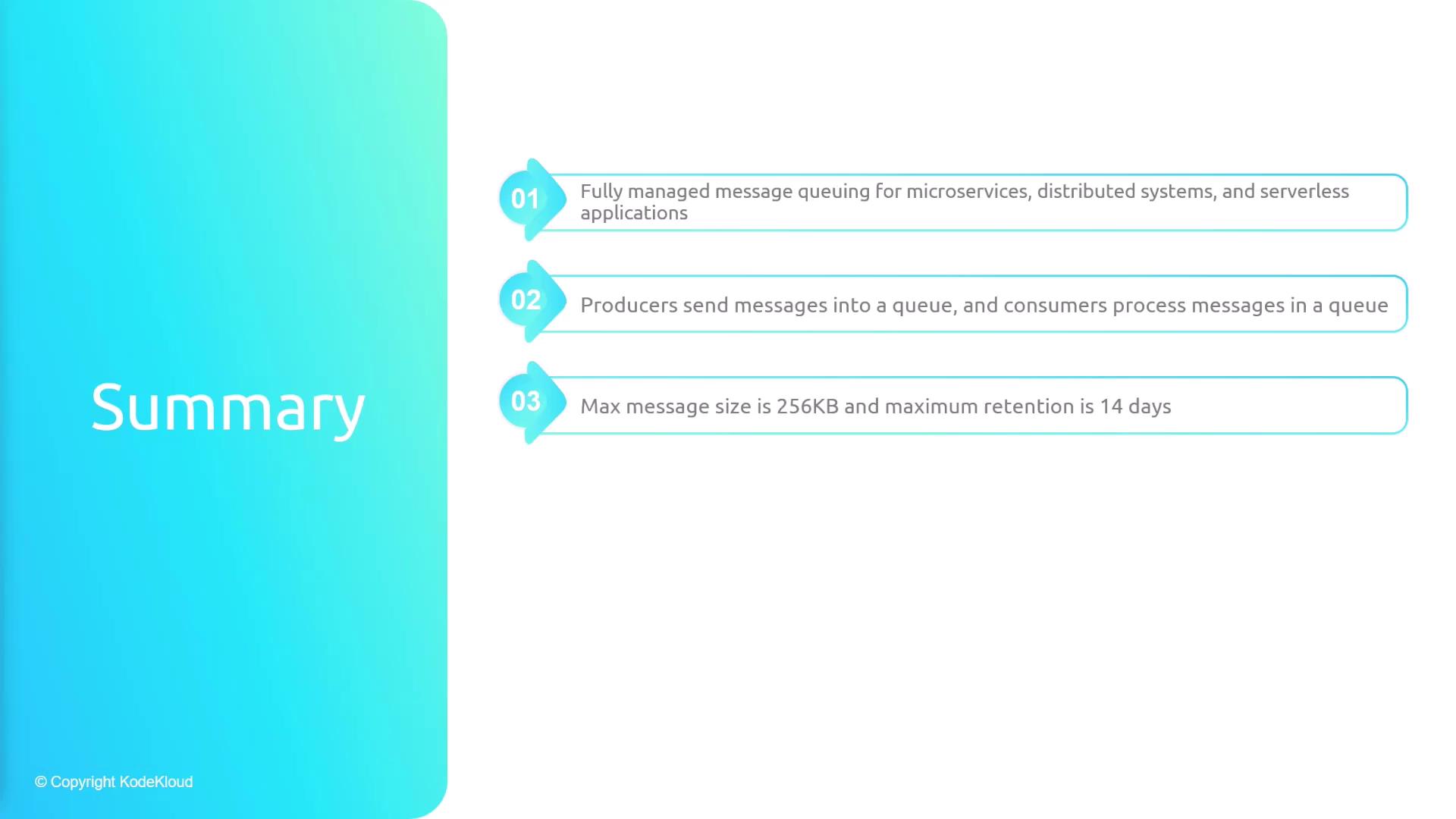 The image is a summary slide highlighting key points about message queuing, including its management for microservices, the process of sending and consuming messages, and details on message size and retention.