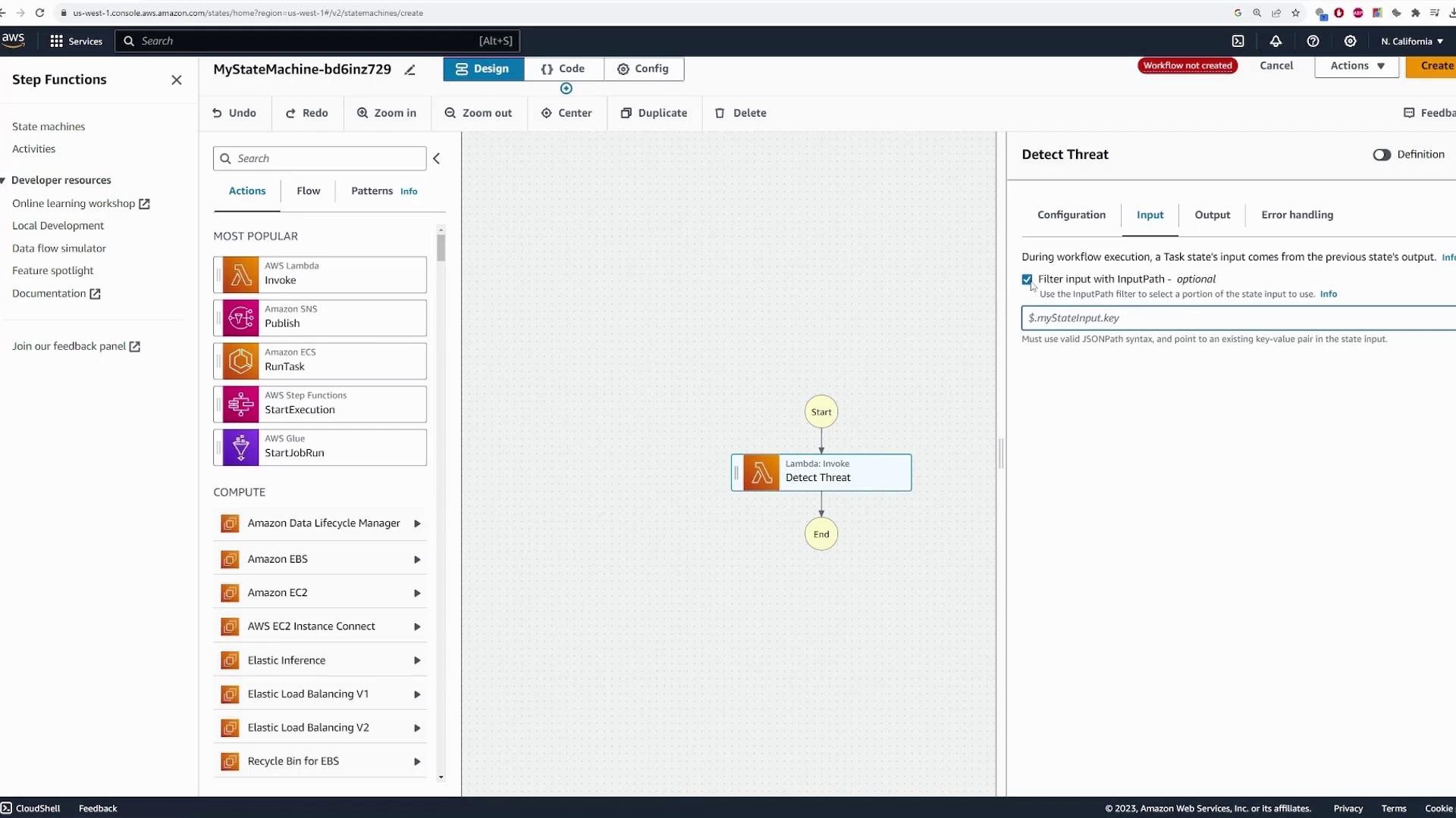 The image shows an AWS Step Functions interface with a state machine named "MyStateMachine-bd6inz729" in design mode. It includes a flow diagram with a "Detect Threat" Lambda function and configuration options on the right.