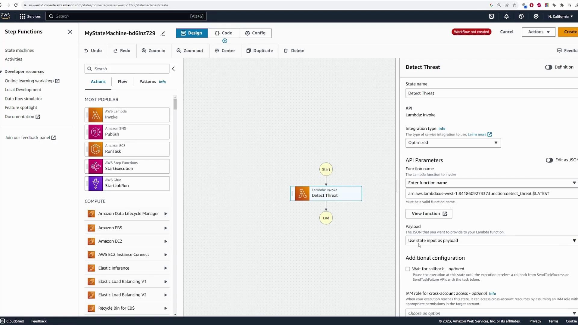 The image shows an AWS Step Functions interface where a state machine named "MyStateMachine-bd6inz729" is being designed. It includes a Lambda function called "Detect Threat" with configuration details on the right.