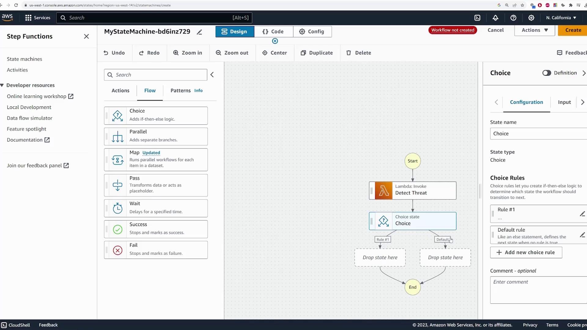 The image shows an AWS Step Functions interface where a state machine is being designed. It includes a flowchart with a "Detect Threat" Lambda function and a "Choice" state, along with options for adding different actions and configurations.