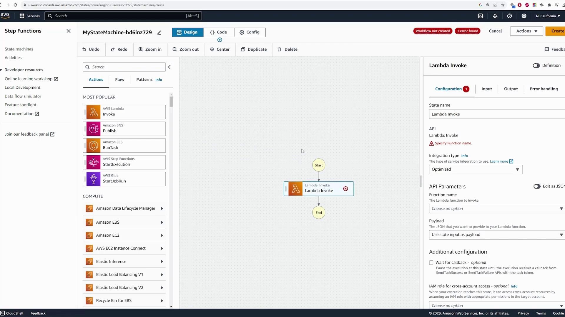 The image shows an AWS Step Functions interface with a state machine design. It includes a "Lambda Invoke" state, and there is an error notification indicating that the workflow is not created.
