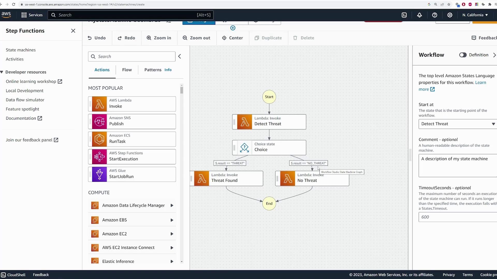 The image shows an AWS Step Functions interface with a workflow diagram for detecting threats, including Lambda functions and choice states.