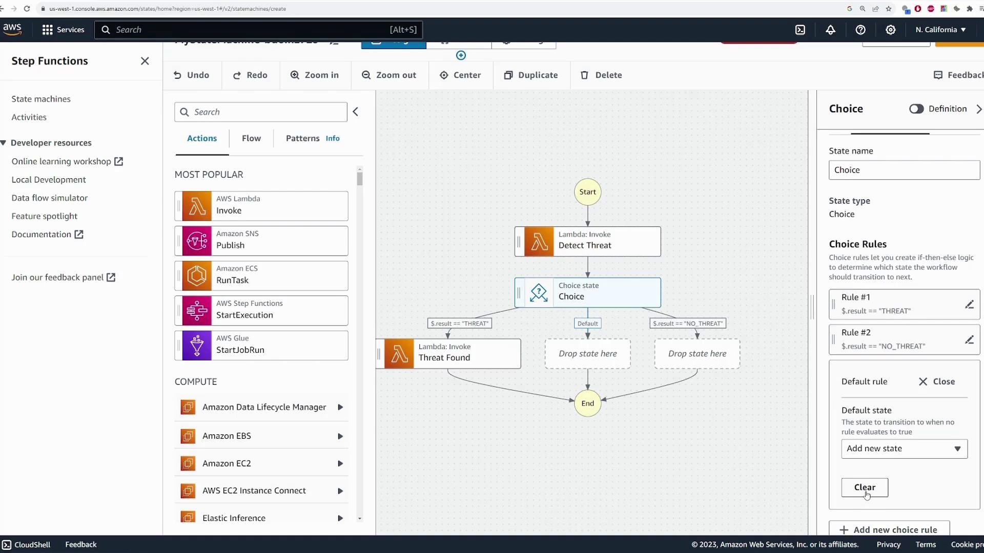 The image shows an AWS Step Functions interface with a workflow diagram for detecting threats. It includes Lambda functions and a choice state for decision-making based on threat detection results.