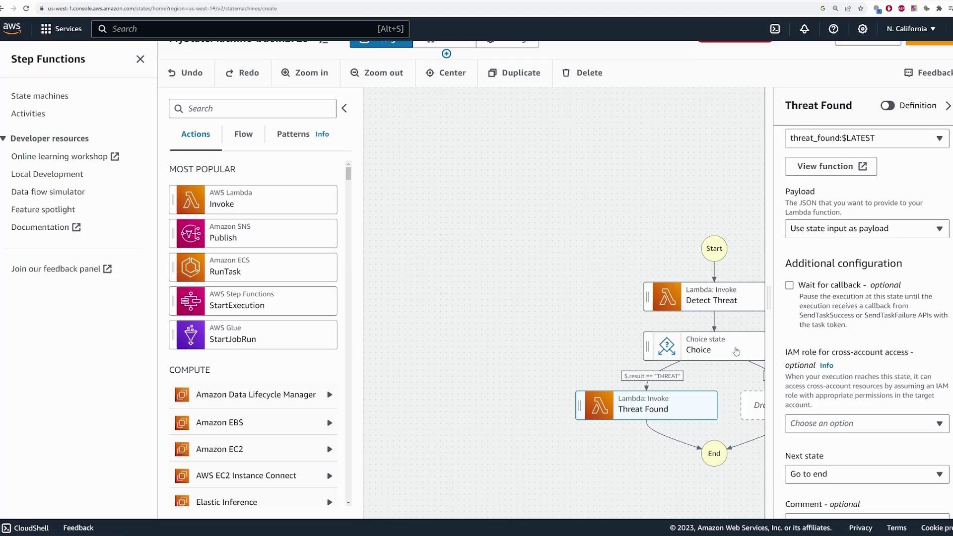 The image shows an AWS Step Functions interface with a workflow diagram on the right, including states like "Detect Threat" and "Threat Found." The left panel lists popular AWS services such as Lambda and SNS.