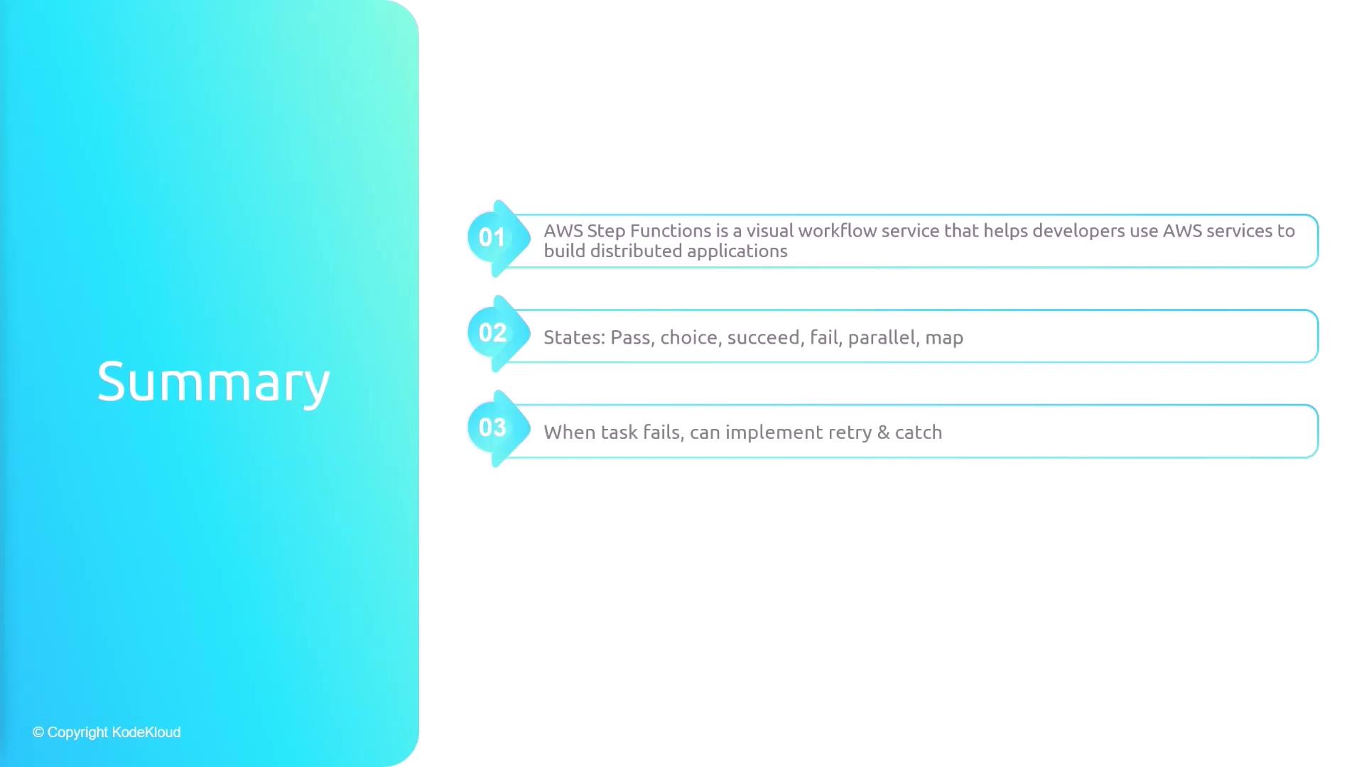 The image is a summary slide about AWS Step Functions, highlighting its use for building distributed applications, various states, and error handling with retry and catch mechanisms.