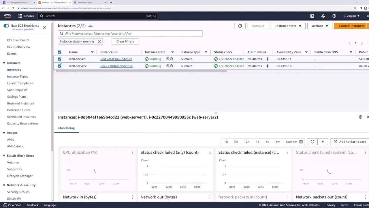 The image shows an AWS EC2 Management Console with two running instances, "web-server1" and "web-server2," both of which are t2.micro types with passed status checks.