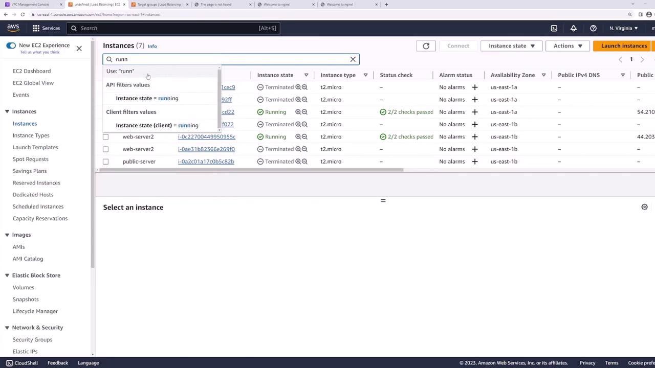 The image shows an AWS EC2 Management Console with a list of instances, some running and some terminated. The user is searching for instances with the state "running."