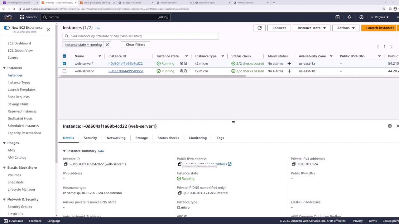 The image shows an AWS EC2 management console with two running instances, "web-server1" and "web-server2," both of type t2.micro. The details of "web-server1" are displayed, including its instance ID, public IPv4 address, and instance state.