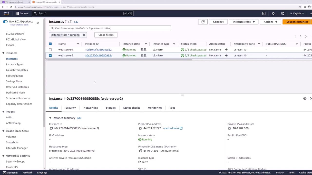The image shows an AWS EC2 Management Console with two running instances, "web-server1" and "web-server2," both of type t2.micro. The details of "web-server2" are displayed, including its instance ID, public IPv4 address, and instance state.