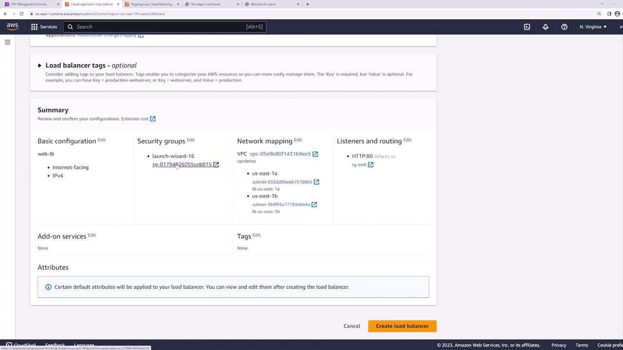 The image shows an AWS Management Console screen for configuring a load balancer, displaying sections for basic configuration, security groups, network mapping, listeners and routing, and attributes. There is a button labeled "Create load balancer" at the bottom.