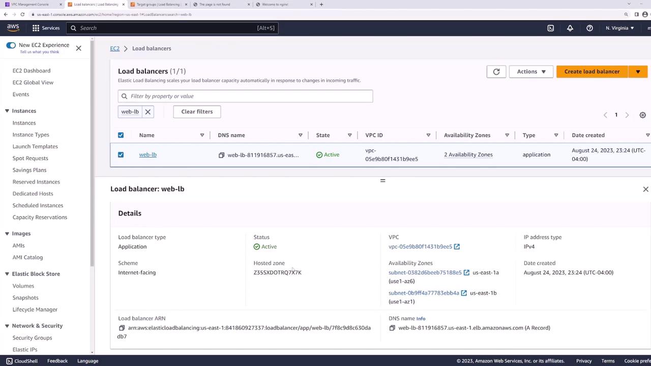 The image shows an AWS Management Console screen displaying details of a load balancer named "web-lb," which is active and internet-facing, with information about its VPC, availability zones, and other settings.