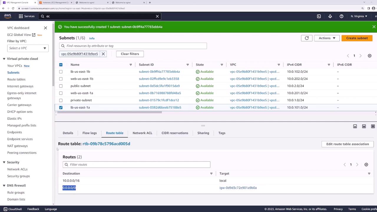 The image shows an AWS Management Console screen displaying a list of subnets within a VPC, along with their details such as Subnet ID, State, and IPv4 CIDR. The route table section at the bottom shows routing information for the selected subnet.