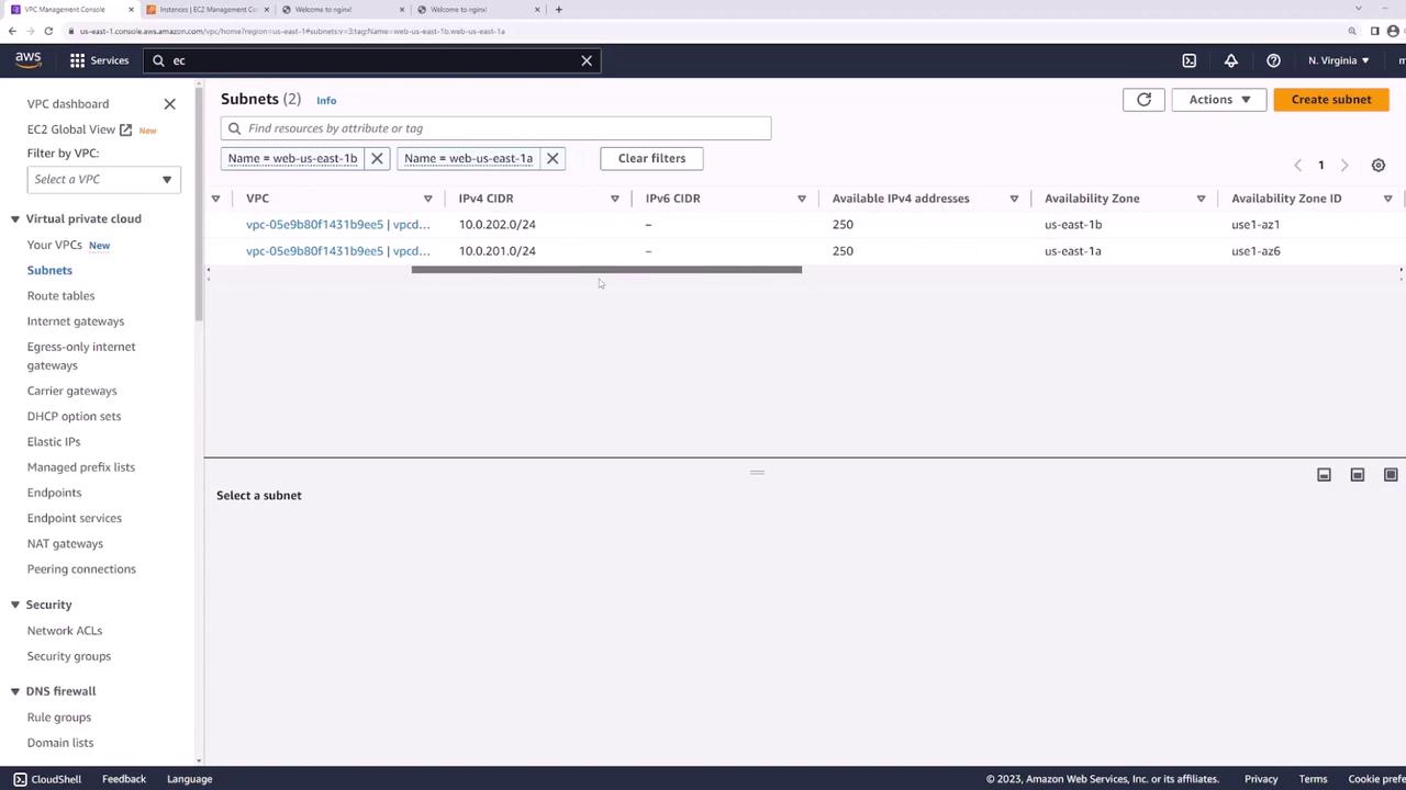 The image shows the AWS Management Console displaying the "Subnets" section under the "VPC" dashboard, listing two subnets with their details such as VPC ID, IPv4 CIDR, and availability zones.