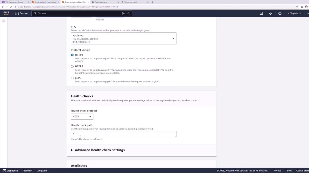 The image shows a section of the AWS Management Console, specifically the configuration page for setting up a target group with options for VPC selection, protocol version, and health check settings.