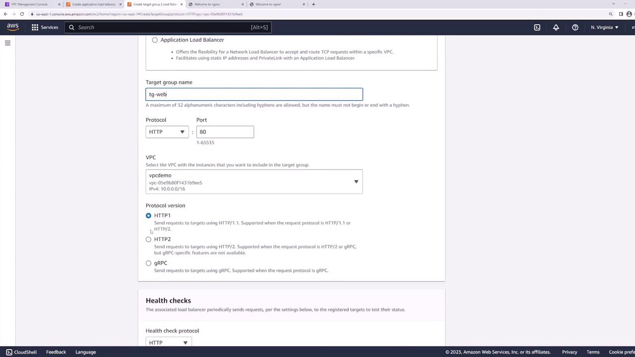 The image shows an AWS Management Console screen for creating a target group in a load balancer setup. It includes fields for target group name, protocol, port, VPC selection, and protocol version options.