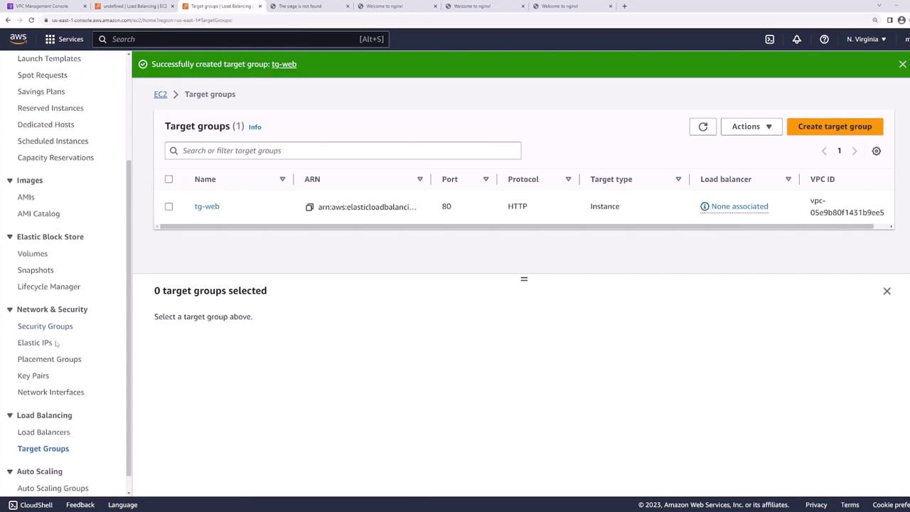 The image shows an AWS Management Console screen displaying the "Target Groups" section, with one target group named "tg-web" listed. The target group uses HTTP protocol on port 80 and is not associated with a load balancer.