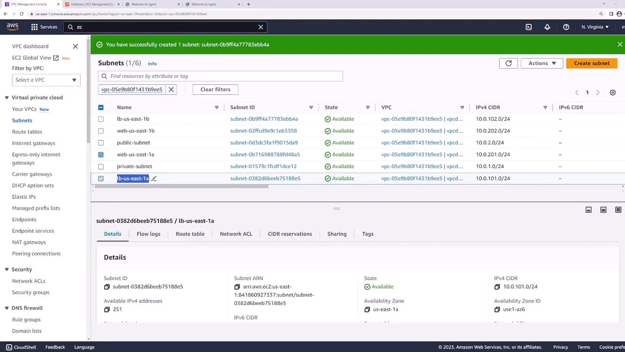 The image shows an AWS Management Console screen displaying a list of subnets within a Virtual Private Cloud (VPC). A notification at the top indicates that a new subnet has been successfully created.