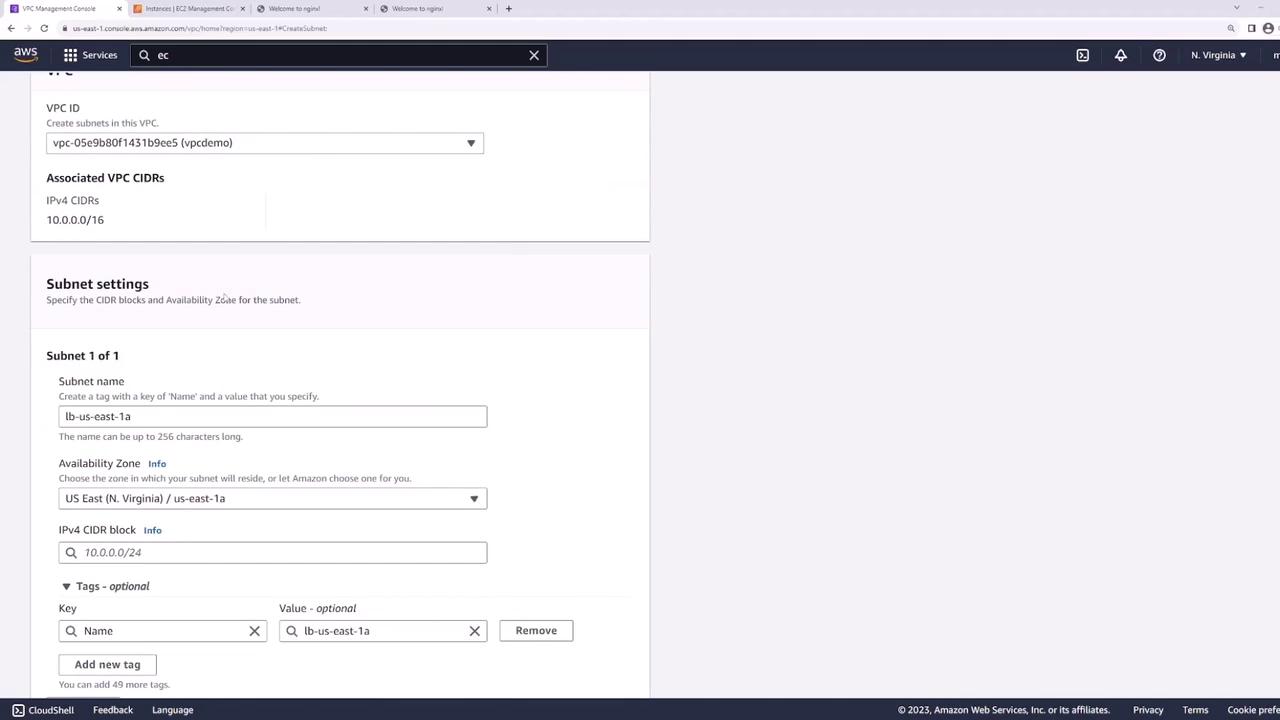 The image shows a screenshot of the AWS Management Console, specifically the VPC (Virtual Private Cloud) creation page, where subnet settings are being configured. It includes fields for VPC ID, associated CIDRs, subnet name, availability zone, and IPv4 CIDR block.