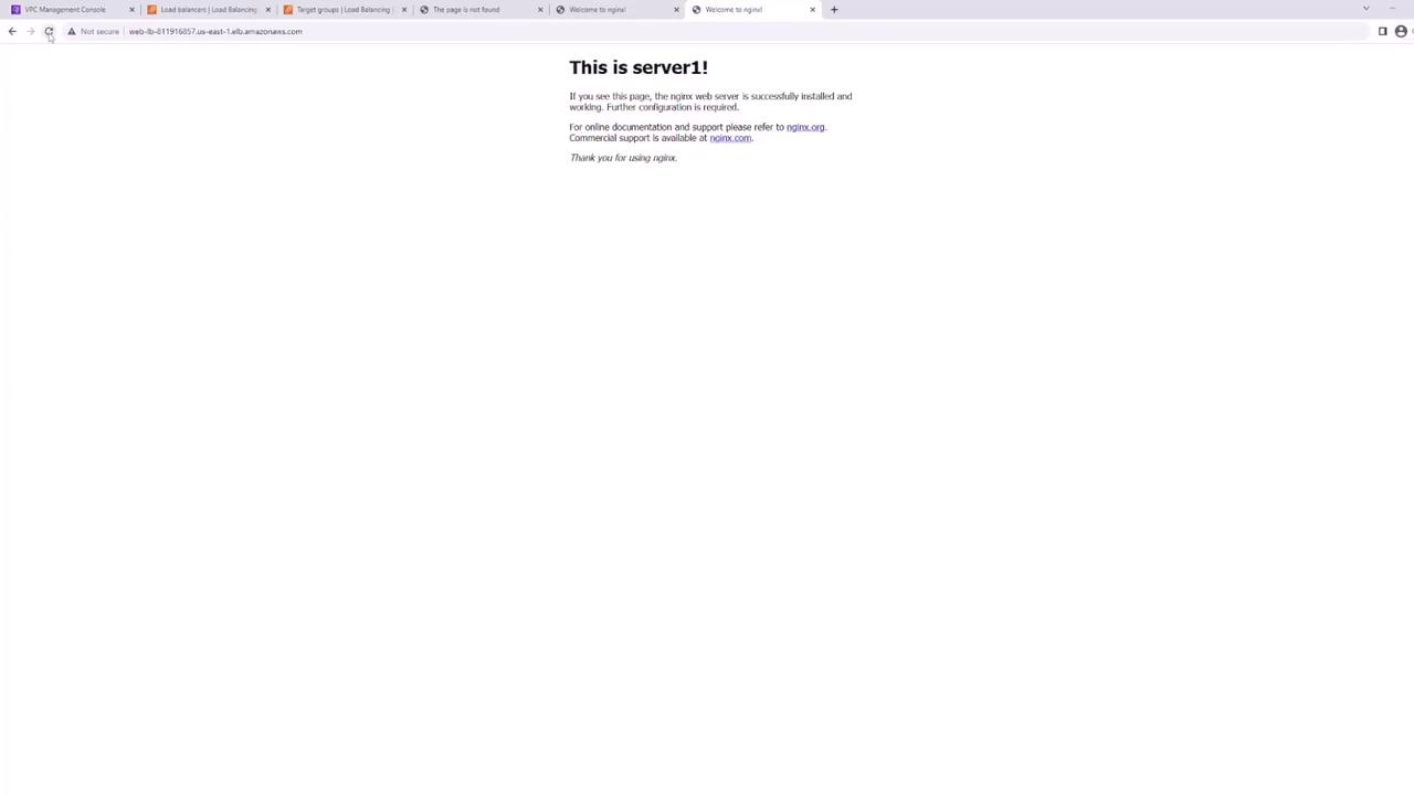 The image shows a web page indicating "This is server1!" with a message confirming the successful installation of the Nginx web server. It suggests further configuration is required and provides links for documentation and support.