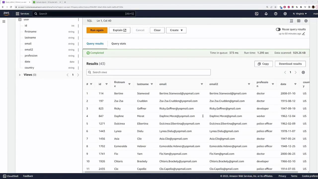 The image shows a screenshot of an AWS Athena query editor displaying a table with user data, including columns for ID, first name, last name, email, profession, and country. The query results indicate 43 entries with various professions and email addresses.
