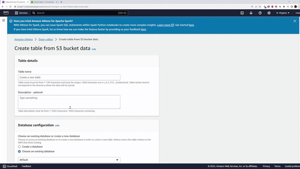 The image shows an Amazon Web Services (AWS) interface for creating a table from S3 bucket data using Amazon Athena. It includes fields for table details and database configuration.