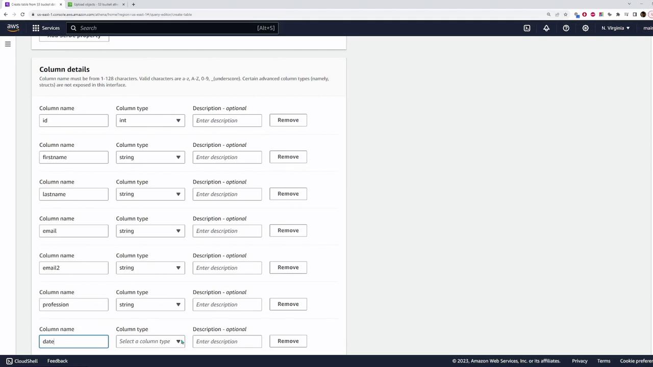 The image shows a section of the AWS console where a user is defining column details for a table, including column names, types, and optional descriptions.