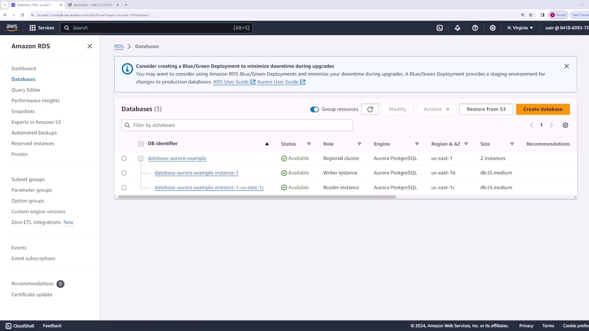 The image shows an Amazon RDS dashboard displaying a list of databases with their status, role, engine, region, and size. There are options to create a database and restore from S3.