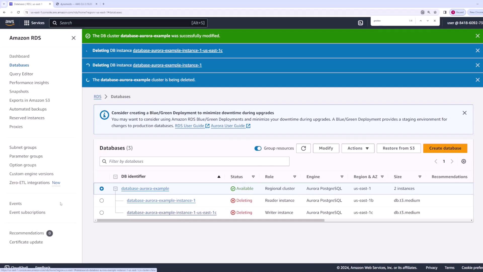 The image shows an Amazon RDS dashboard with notifications about database modifications and deletions. It lists three databases with their statuses, roles, and other details.