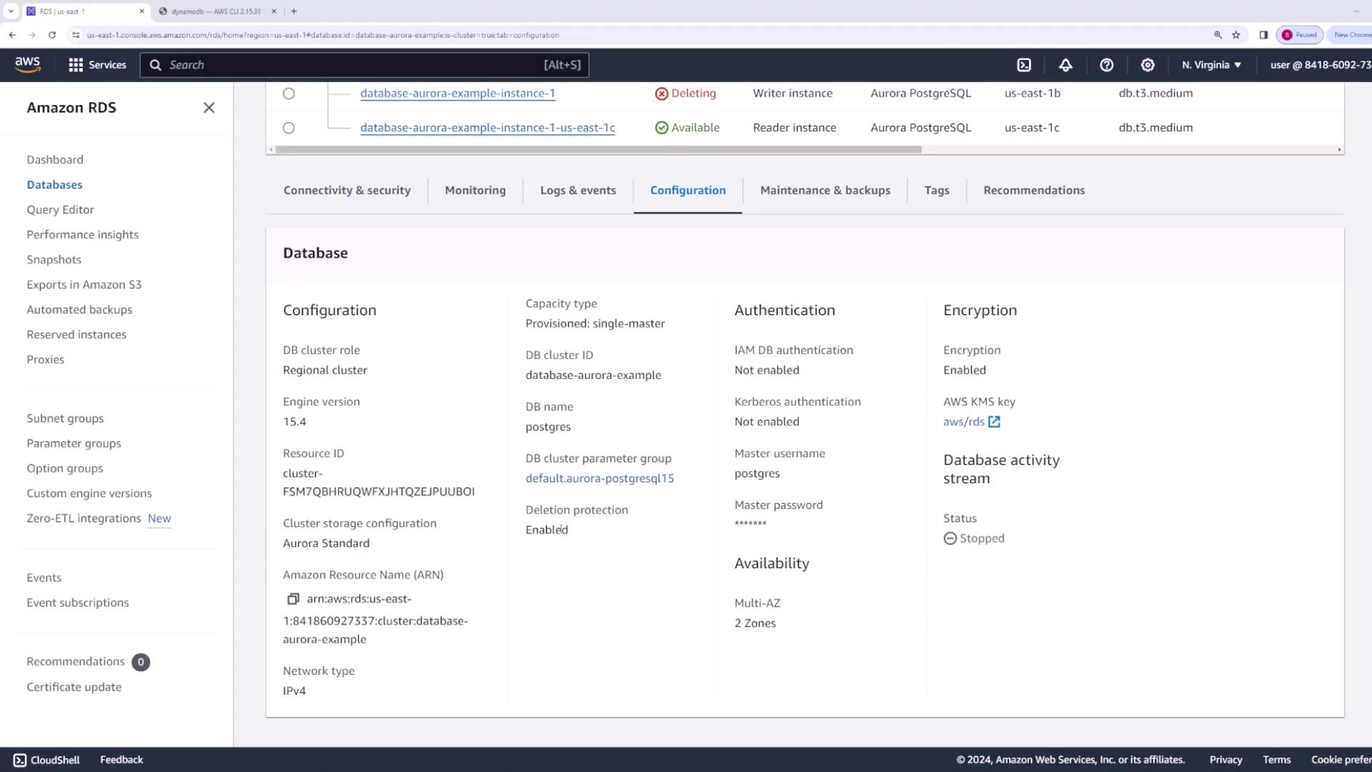 The image shows an Amazon RDS console screen displaying the configuration details of a database cluster, including information on authentication, encryption, and availability.