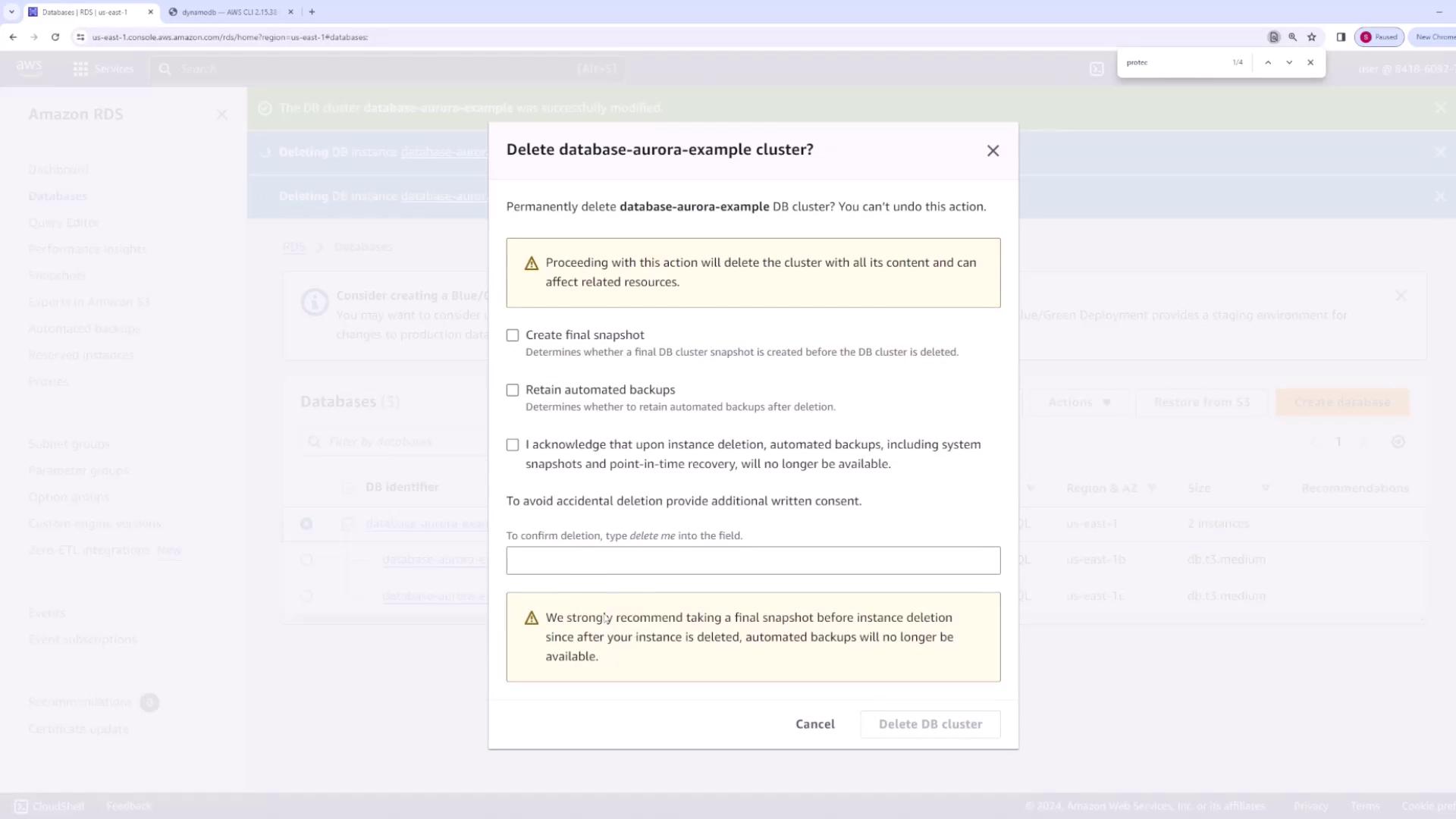 The image shows a confirmation dialog box for deleting a database cluster in Amazon RDS, with options to create a final snapshot and retain automated backups.