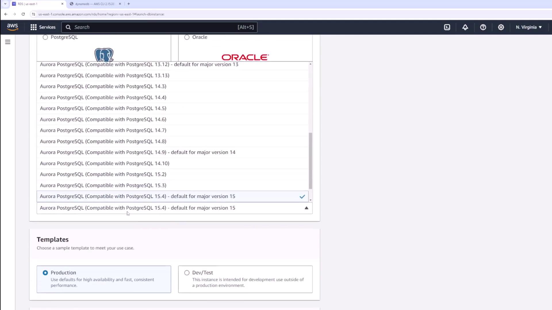 The image shows an AWS RDS console screen where Aurora PostgreSQL versions are being selected, with options for production or development/test templates.