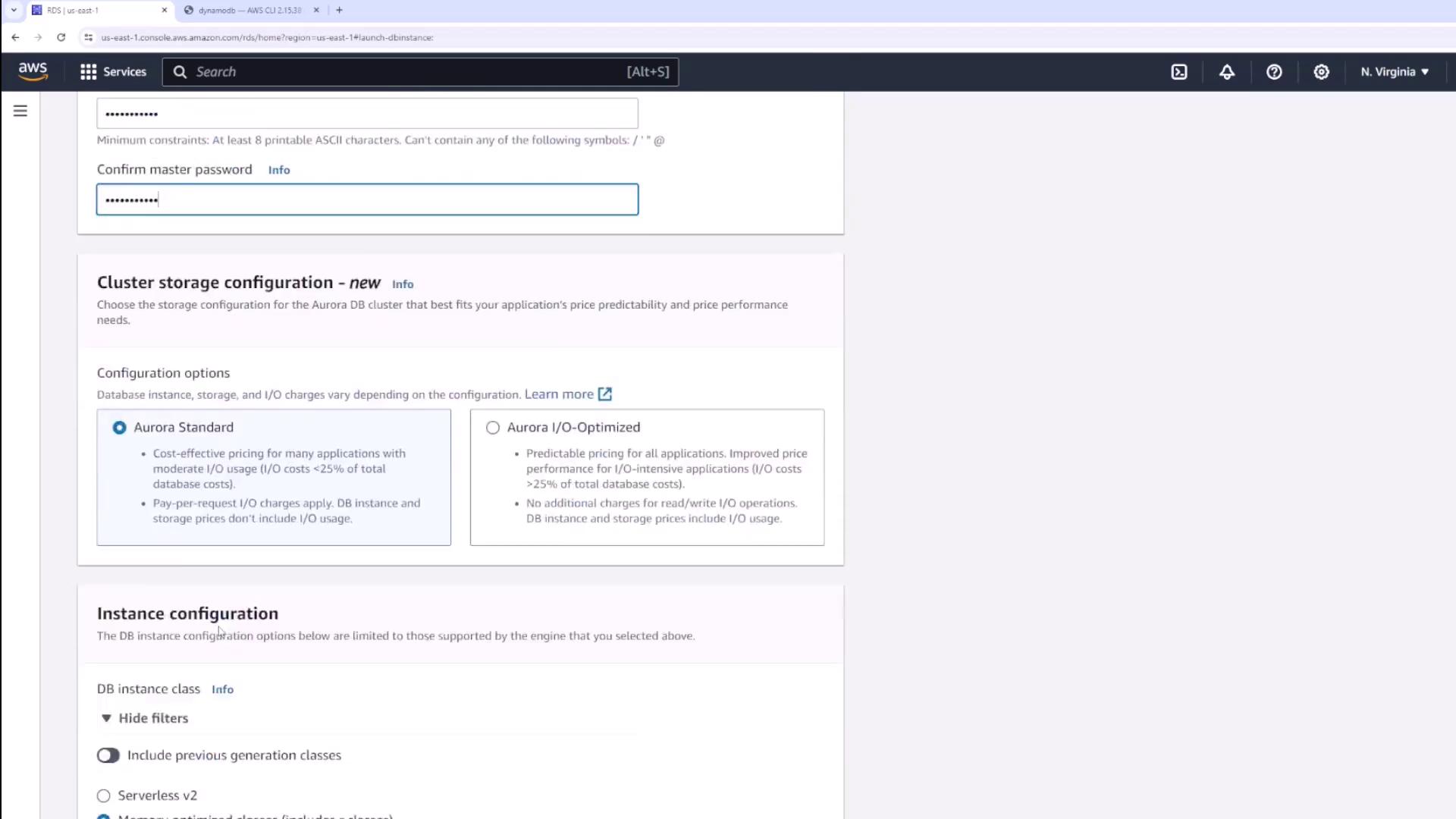 The image shows an AWS RDS configuration page where a user is setting up cluster storage options, including Aurora Standard and Aurora I/O-Optimized, along with instance configuration settings.